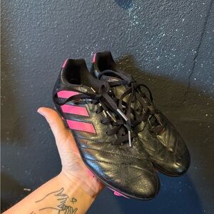 Adidas Black and Pink Striped Soccer Cleats Size 4Y